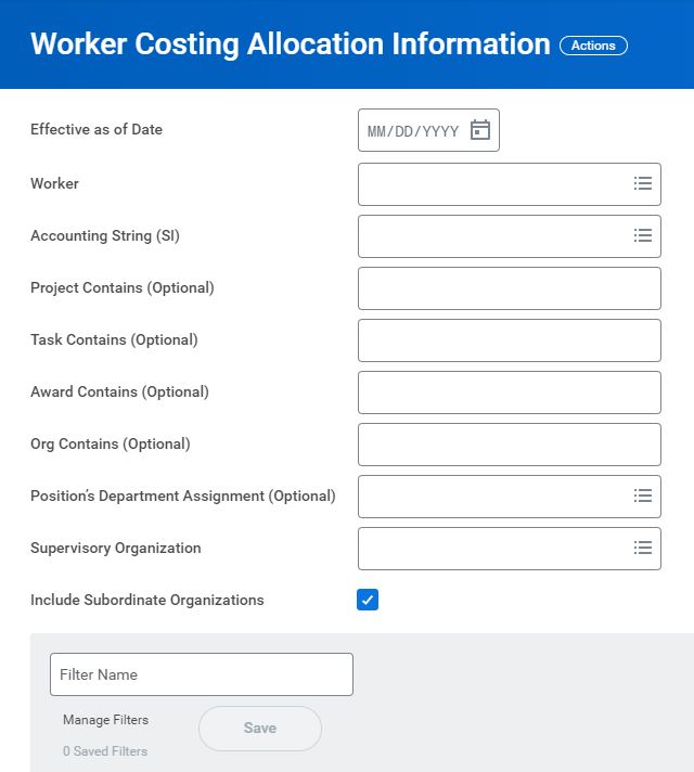 The Worker Costing Allocation Information report allows you to view costing allocations for all workers (or by a single worker) or by PTAO (Accounting String) segments. 